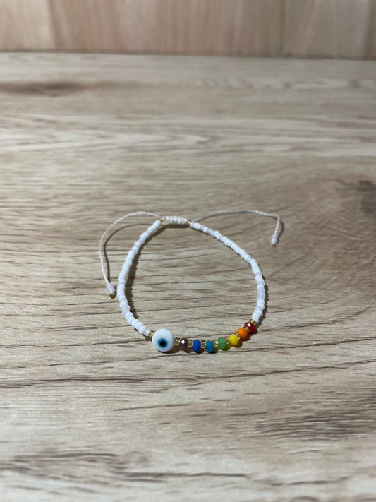 White Adult "Evil Eye" Bracelet with Chakra Colors