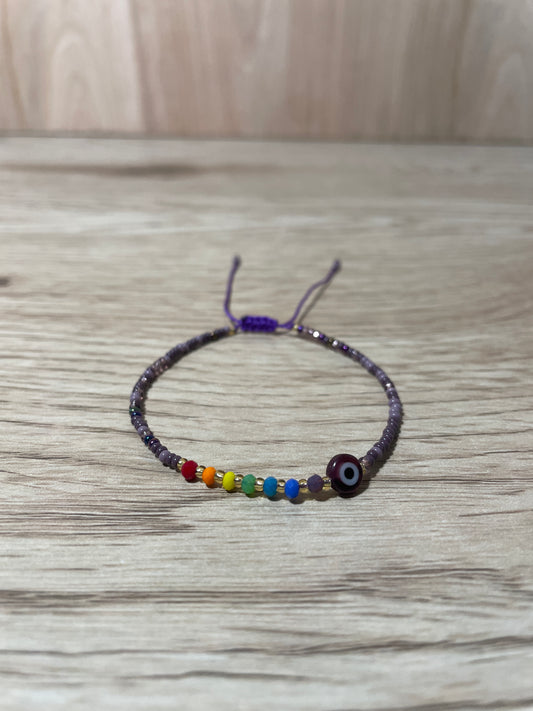 Purple Adult "Evil Eye" Bracelet with Chakra Colors