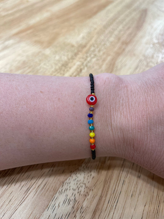 Red Adult "Evil Eye" Bracelet with Chakra Colors